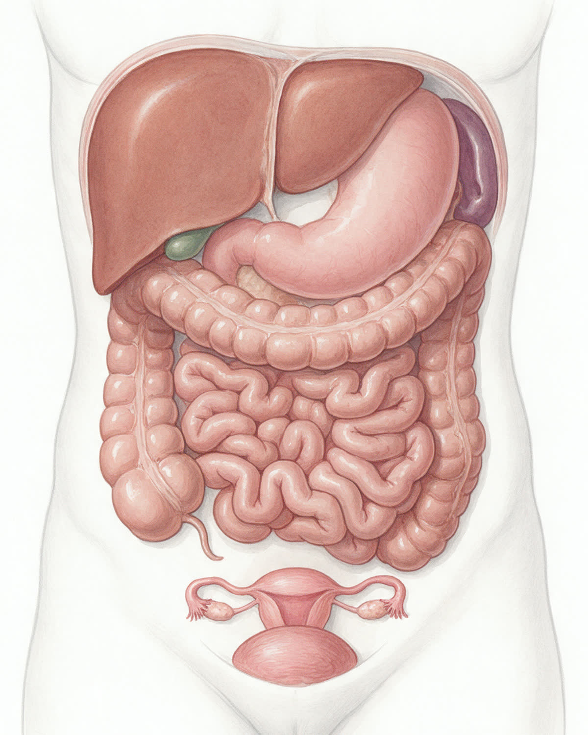 Ilustração do abdome visto de frente: fígado, vesícula, estômago, intestino grosso emoldurando o intestino delgado, apêndice, útero e bexiga