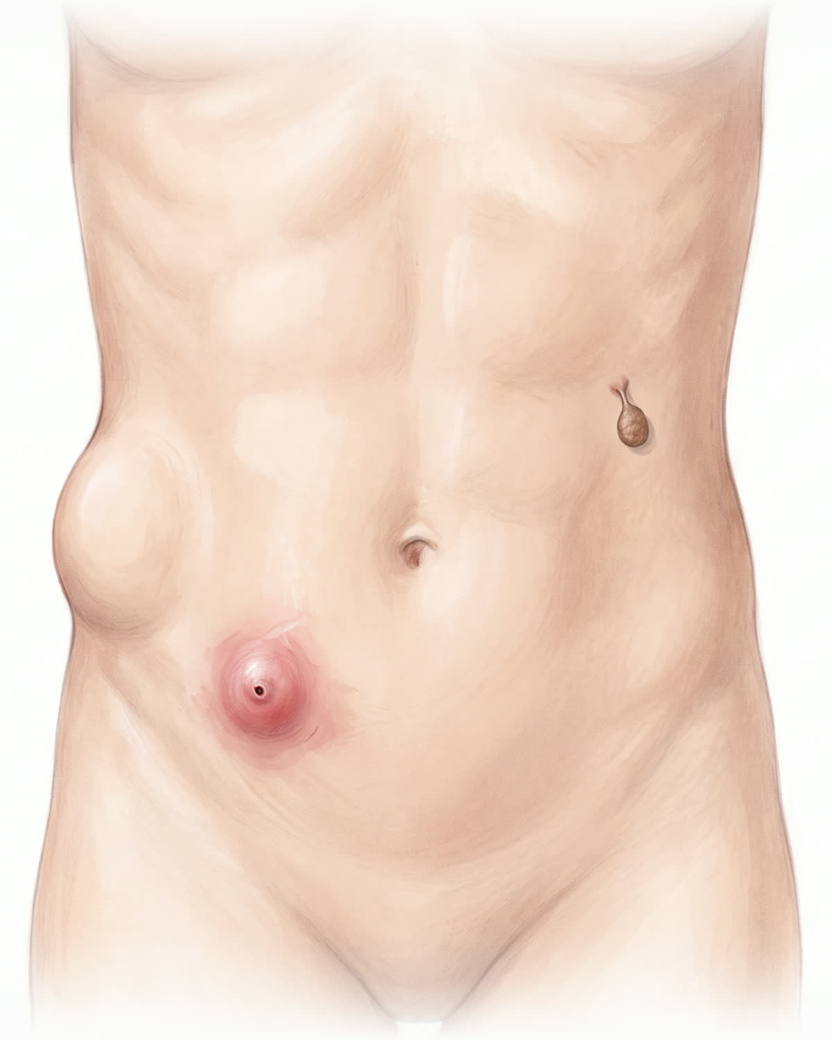 Pele do abdome com um lipoma no flanco, um cisto inflamado e um sinal pediculado