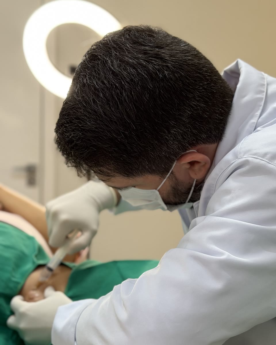 Dr. Victor Cunha aplicando anestesia local durante uma pequena cirurgia
