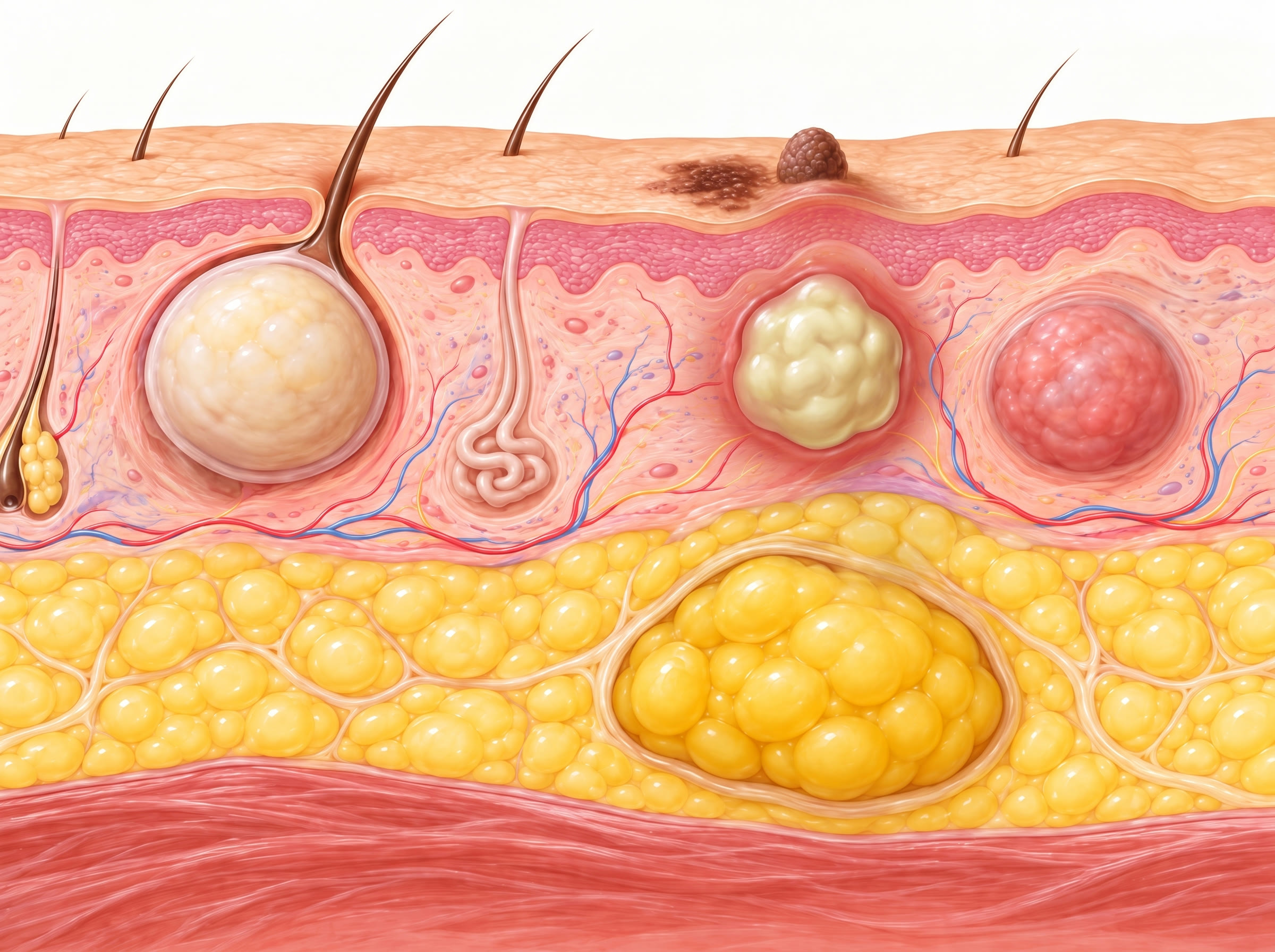 Ilustração em corte da pele: sinais na superfície, cisto sebáceo, abscesso e nódulo na derme, e lipoma na gordura